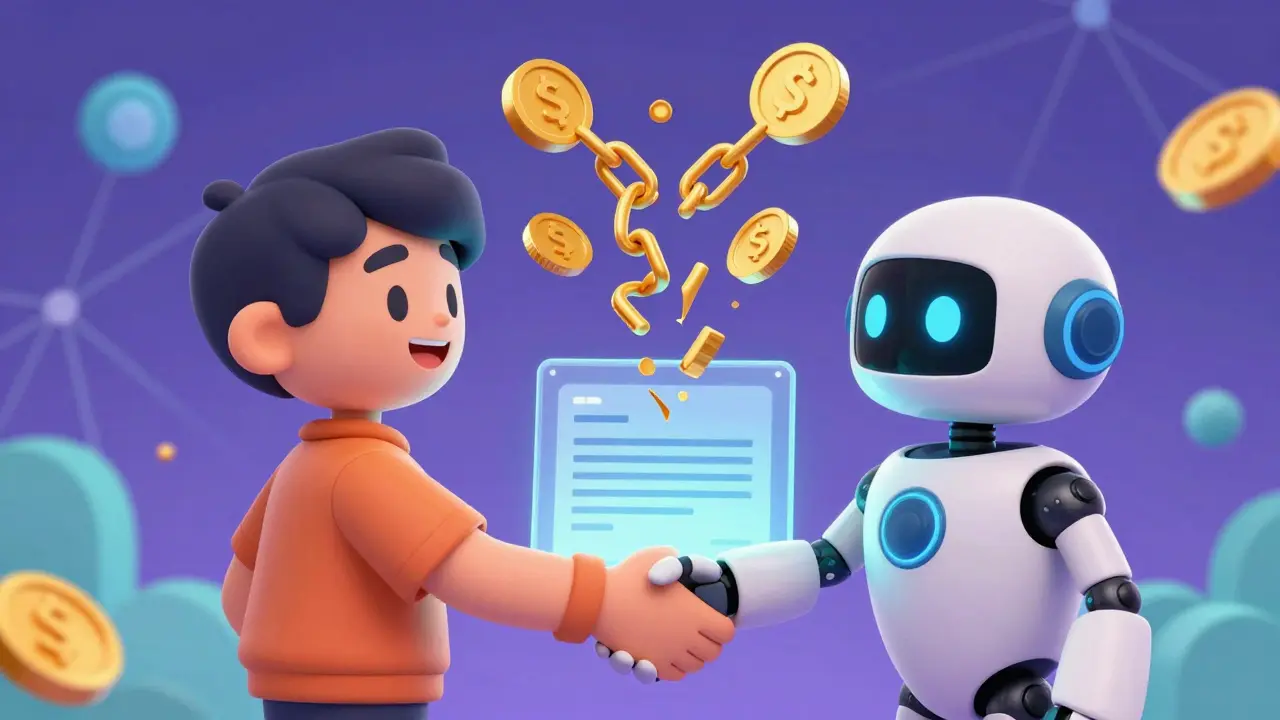 Animated characters shaking hands over a smart contract with floating golden tokens and chains.