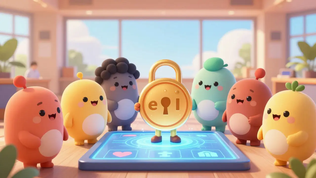 Animated characters vote using locked eQI tokens in a community hall.