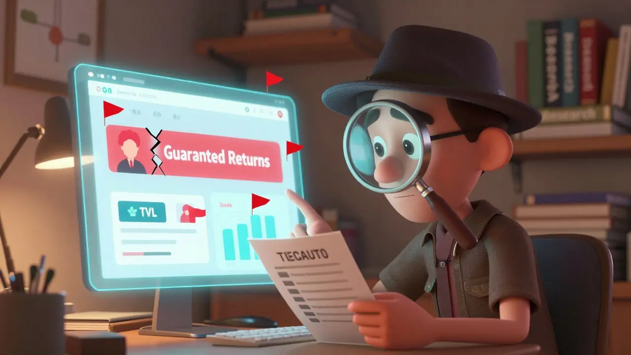 Animated detective checking crypto site for red flags with magnifying glass