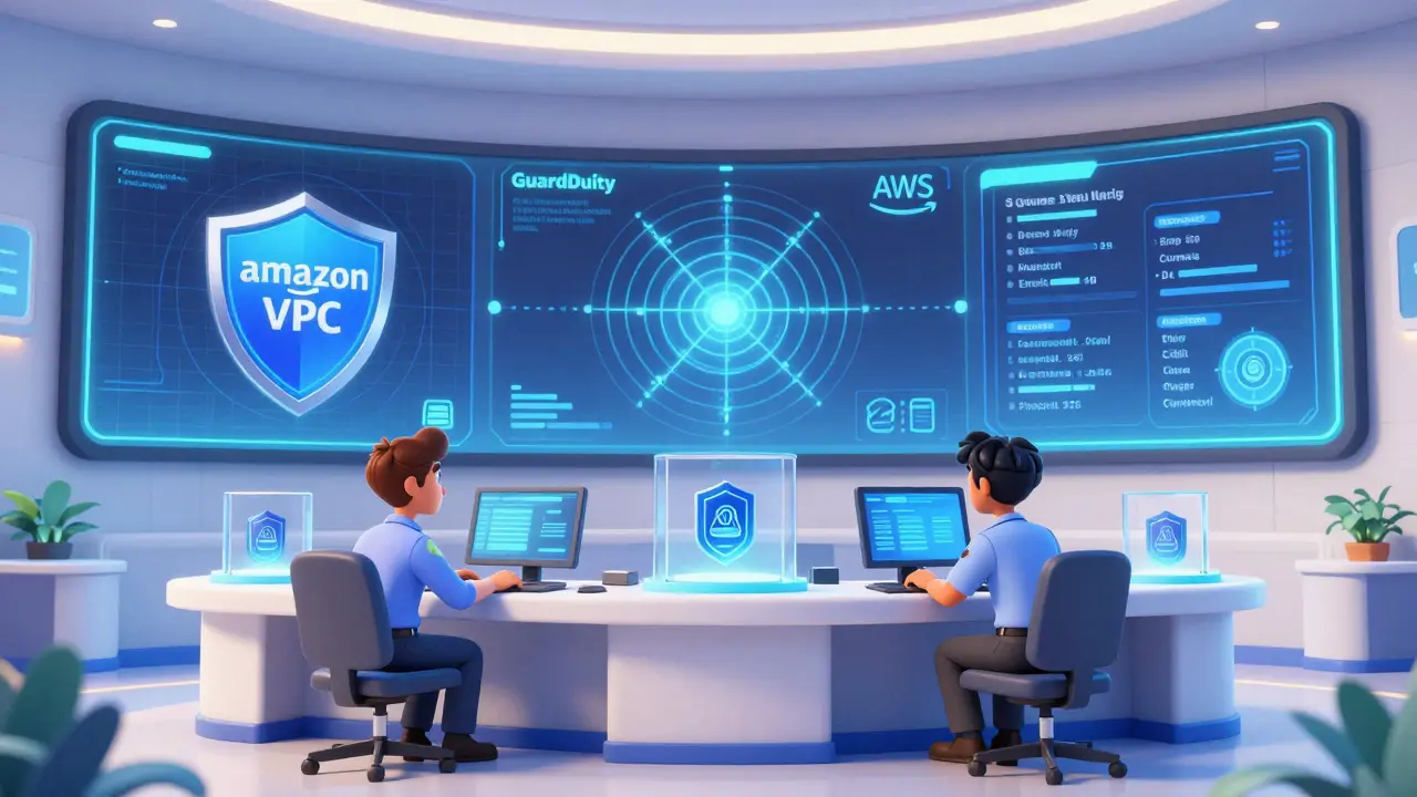 Animated security team monitoring cloud infrastructure protections