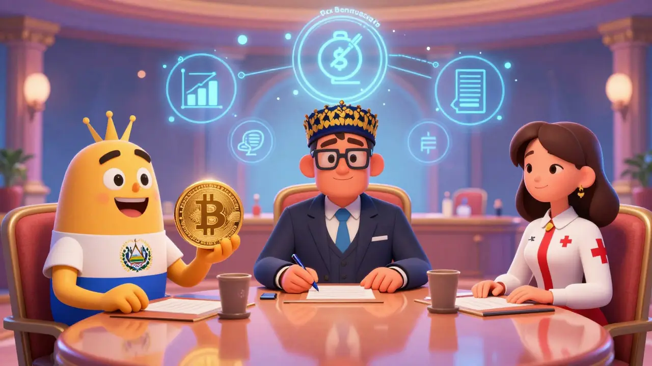 Anthropomorphic countries discussing crypto laws in Pixar illustration