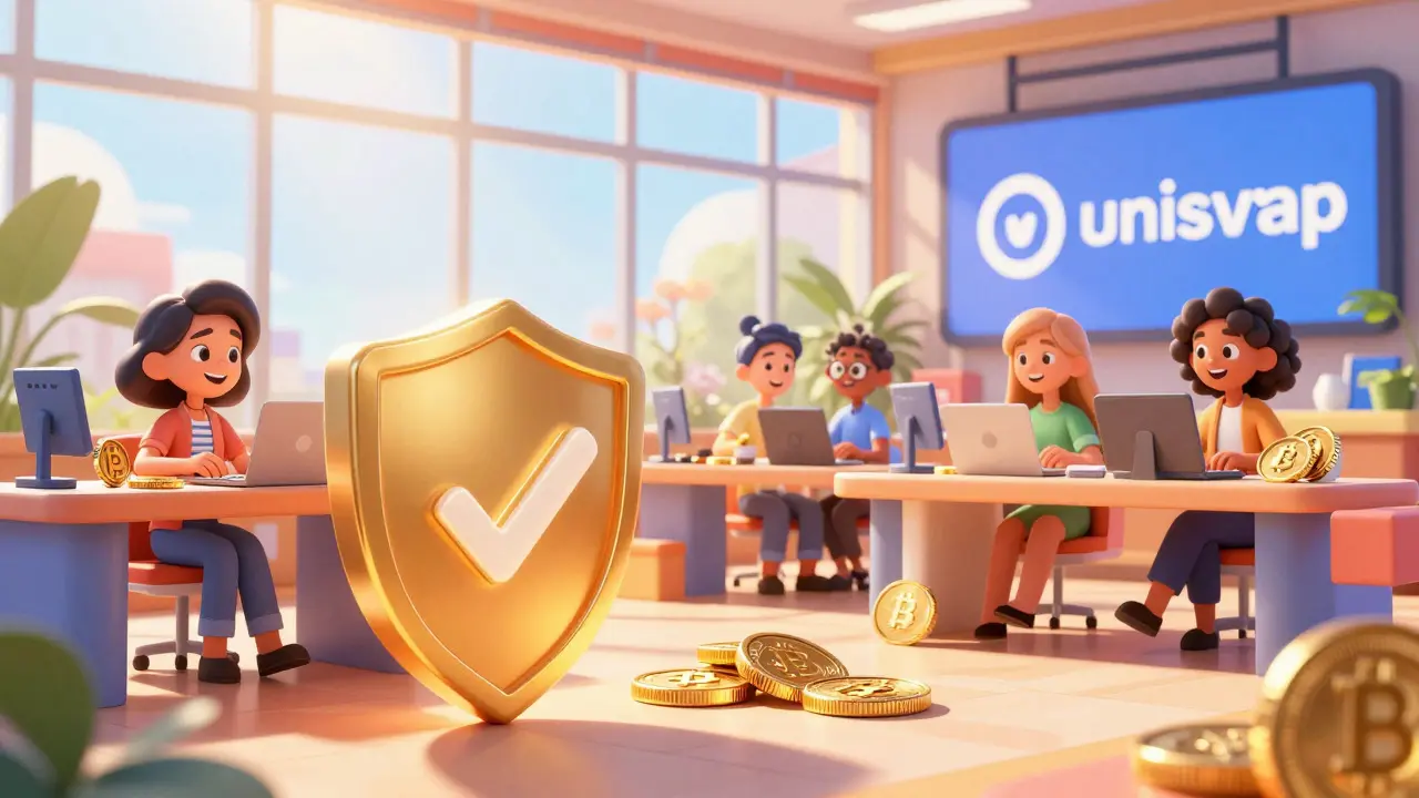 Bright secure crypto marketplace with happy traders and safety shield