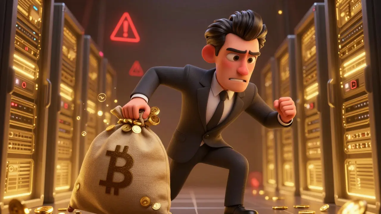 Cartoon businessman stealing bags of gold coins from server room