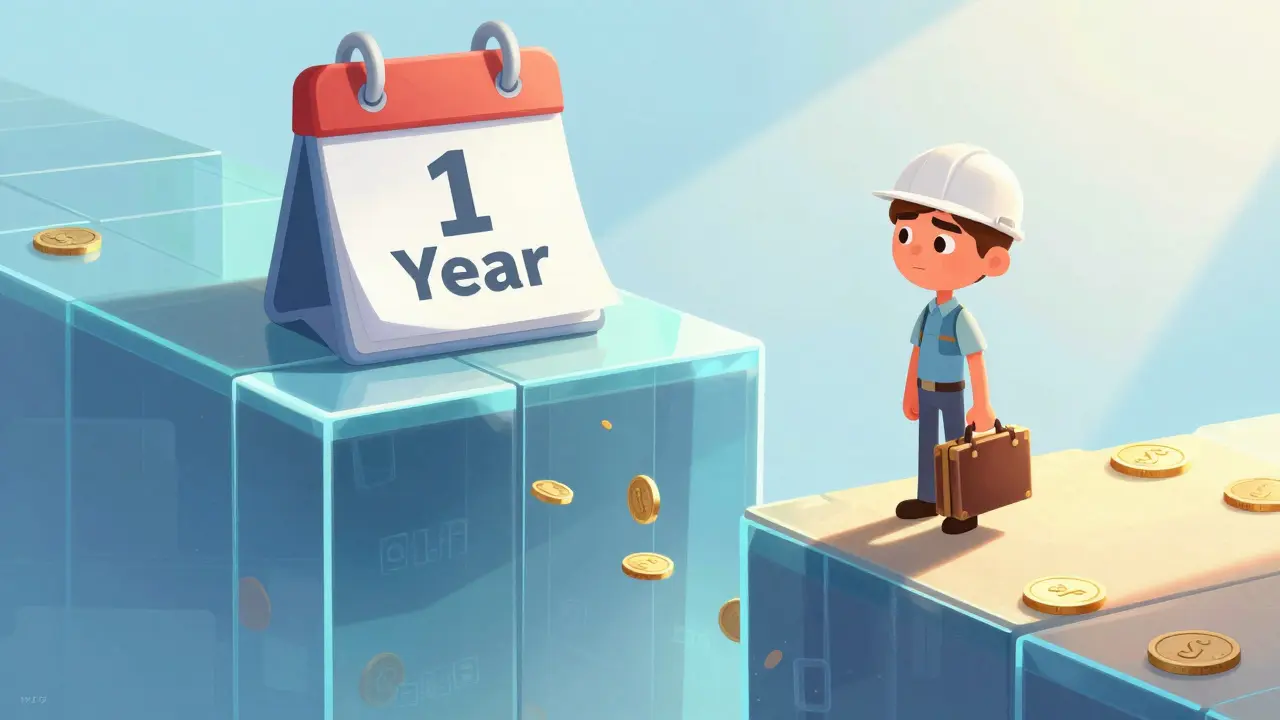 Cartoon engineer standing at the edge of a digital cliff representing the one-year vesting cliff.