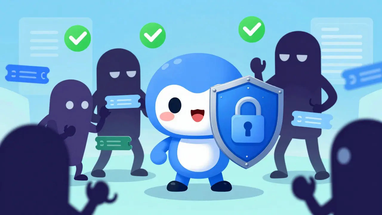 Cartoon hero shielding a digital wallet from comical scammers
