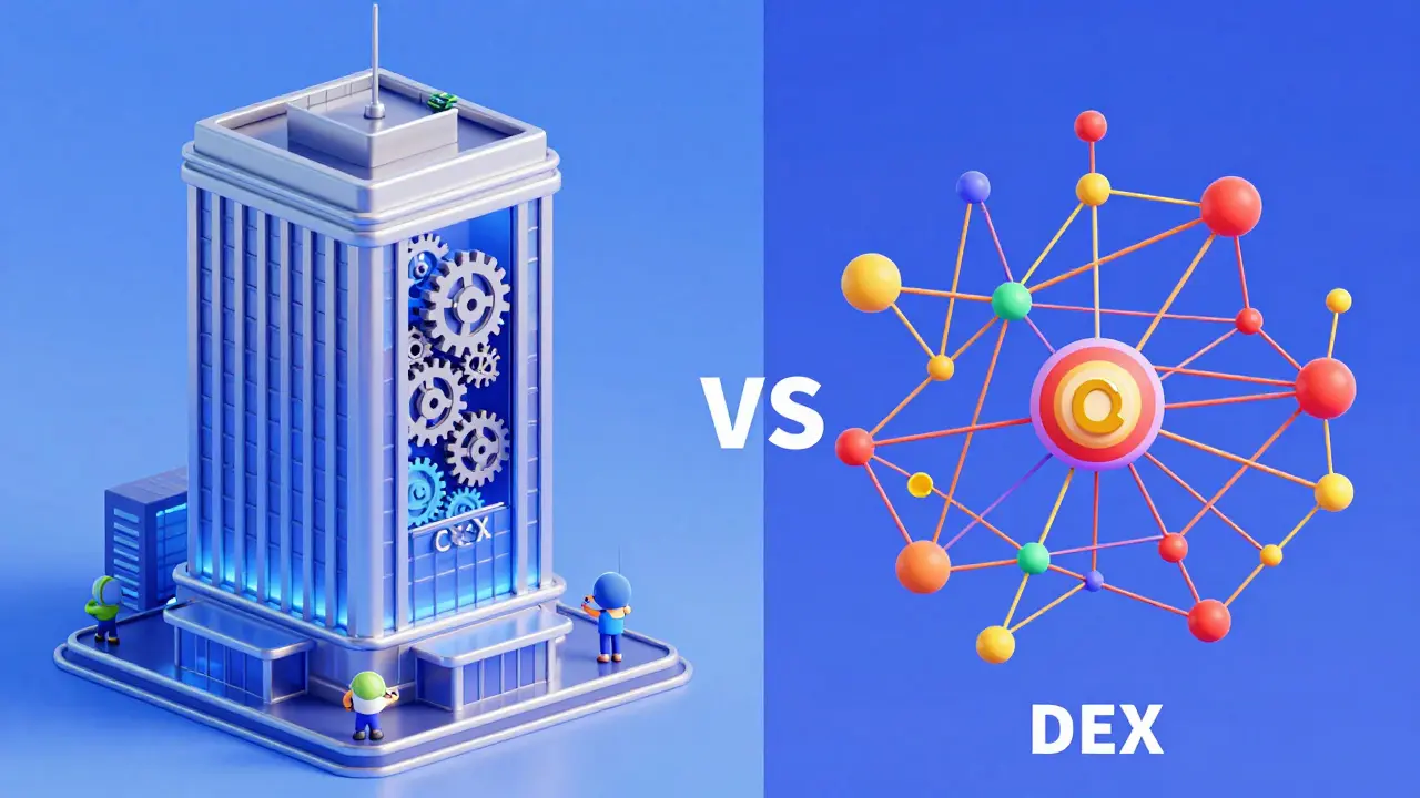 Cartoon split view comparing structured CEX building vs chaotic DEX network