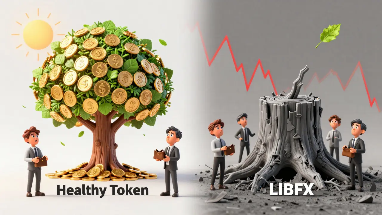 Comparison of a thriving healthy token tree versus a withered LIBFX stump in void