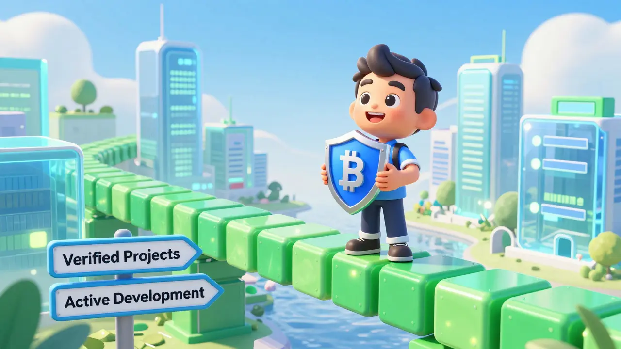 Confident character standing on a secure bridge overlooking a transparent crypto city.