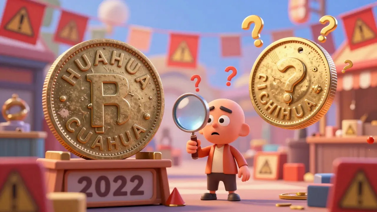 Confused character comparing old HUAHUA coin with suspicious CHIHUA token