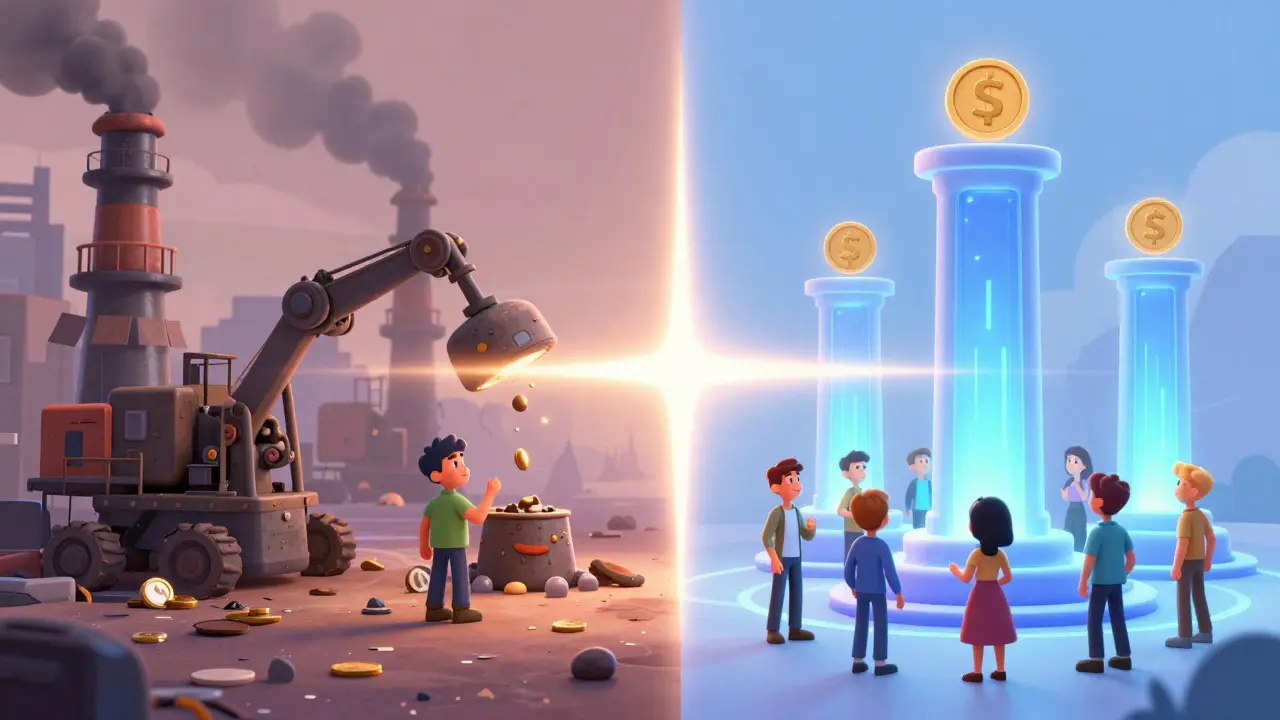 Contrast between chaotic industrial mining and serene, secure token staking pillars.