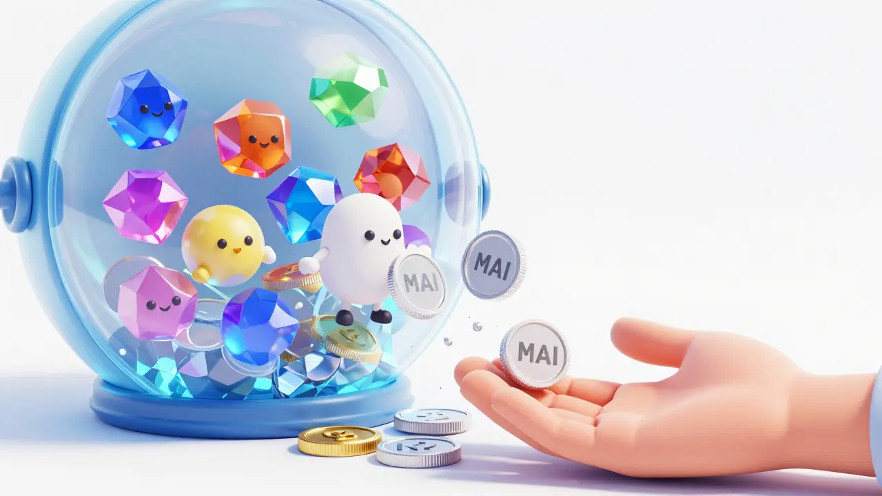 Crypto assets transform into MAI stablecoins from a glowing vault.