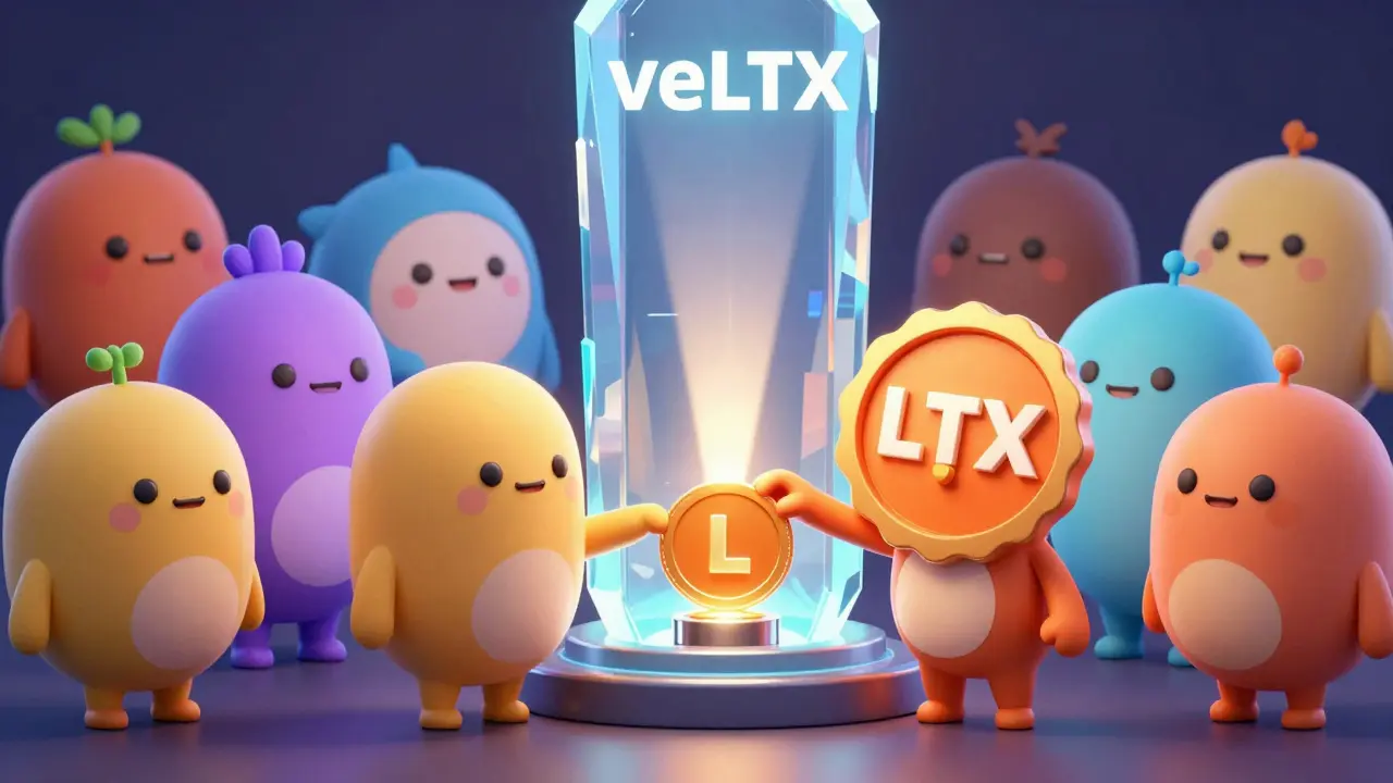 Cute characters locking tokens into a crystal pillar to gain voting power in a 3D scene.