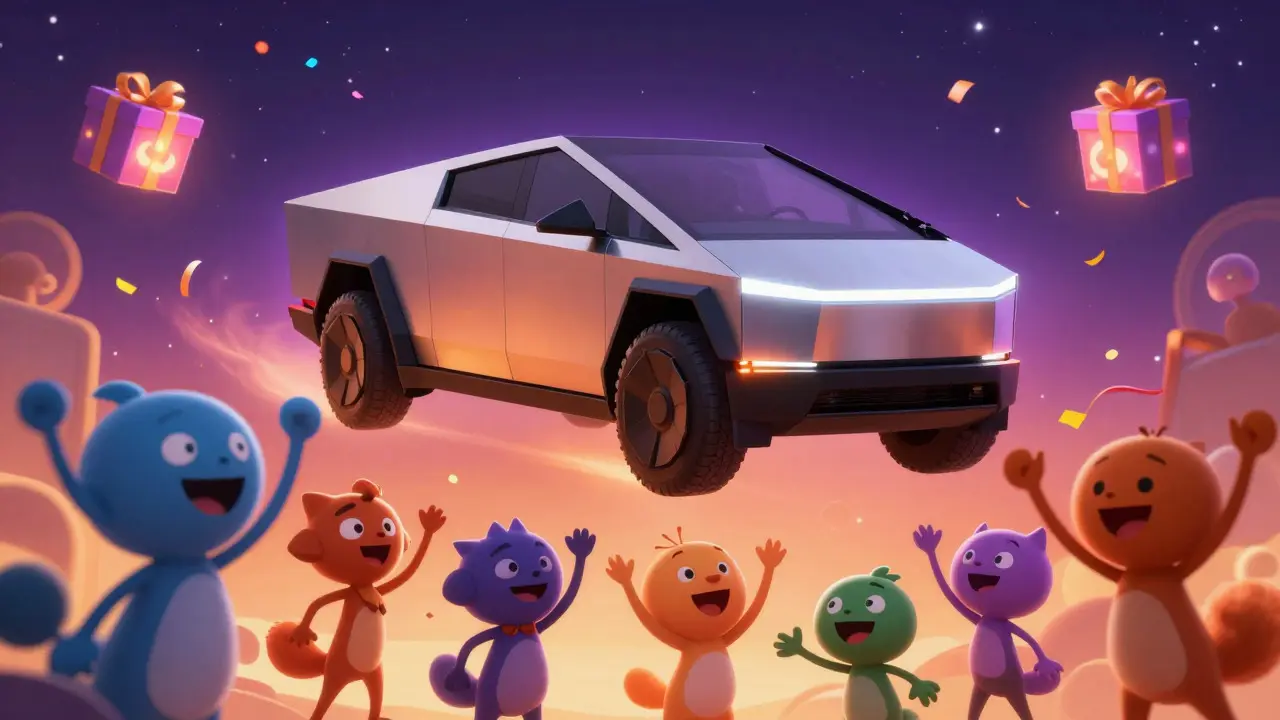 Cybertruck and mystery boxes in a celebratory scene