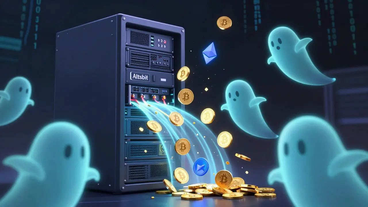 Digital ghosts draining cryptocurrency coins from a server rack in a stylized hack scene.
