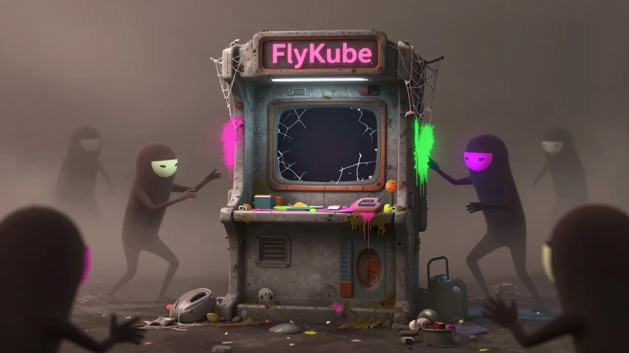 Dusty abandoned travel kiosk being deceptively painted by shady scammer figures.