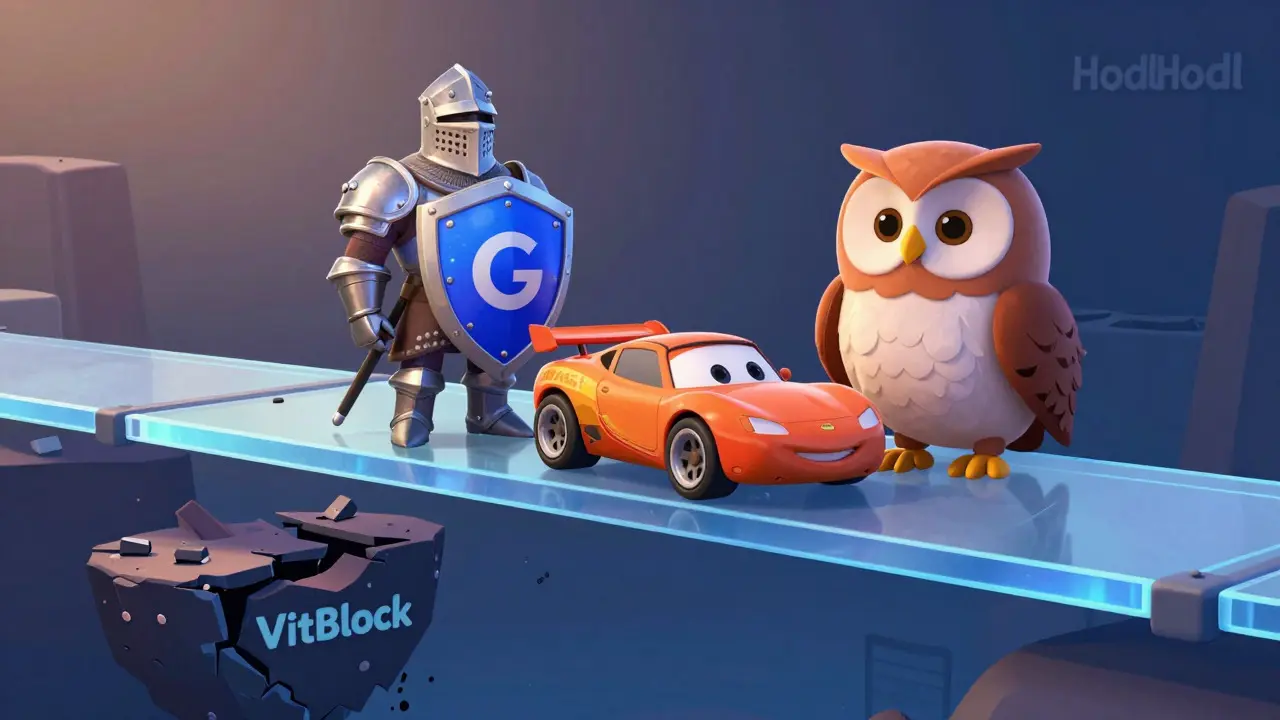 Friendly characters representing safe exchanges vs sinking scam platform