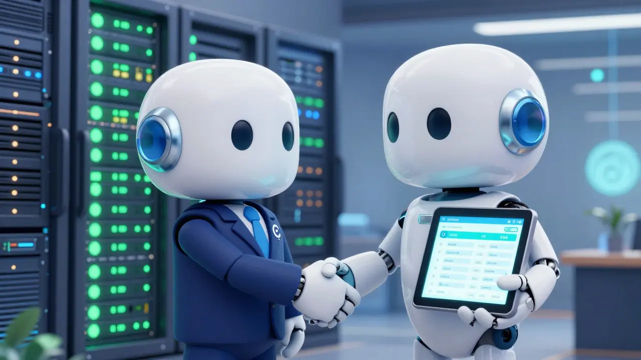 Friendly robots shaking hands representing Coinbase and Liquifi merger