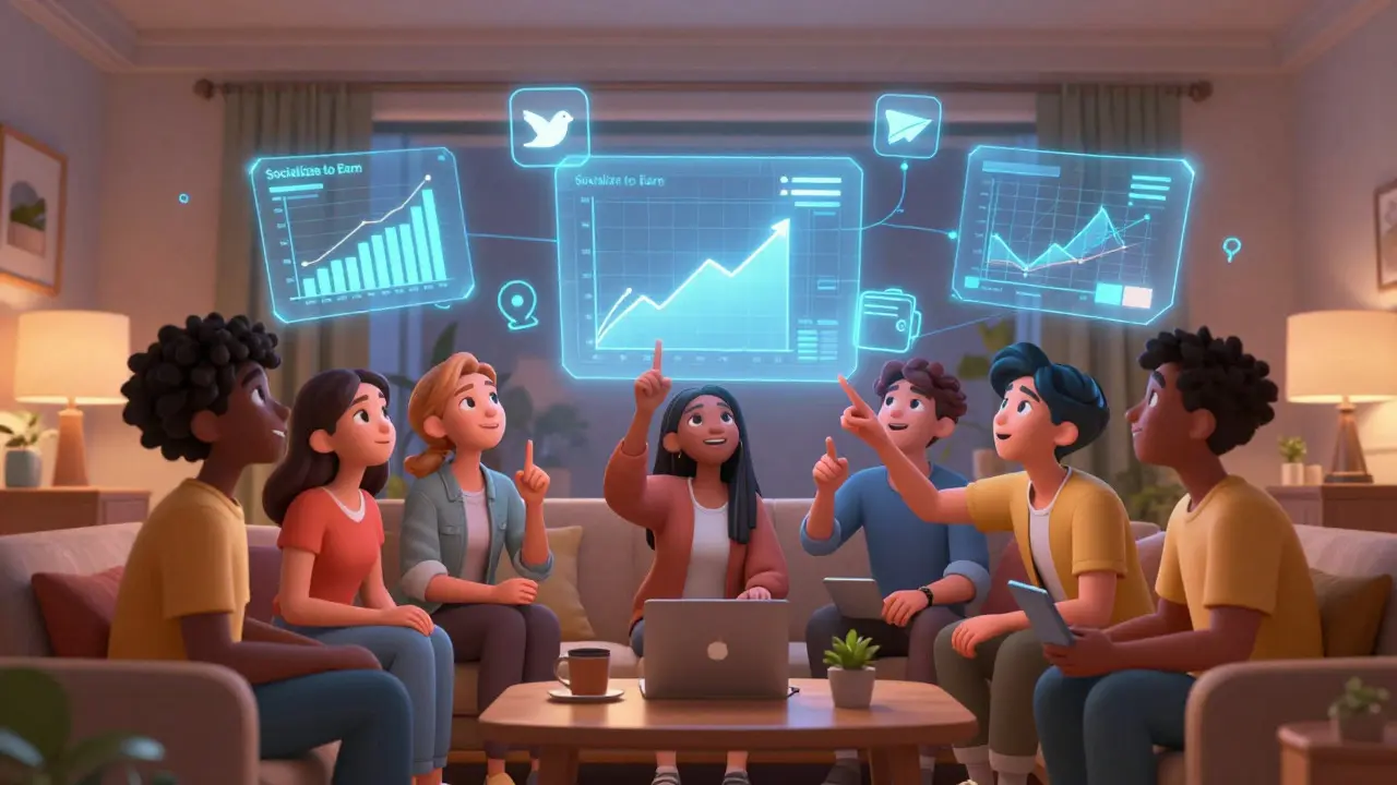 Friends interacting with floating holographic social and crypto icons in a living room.