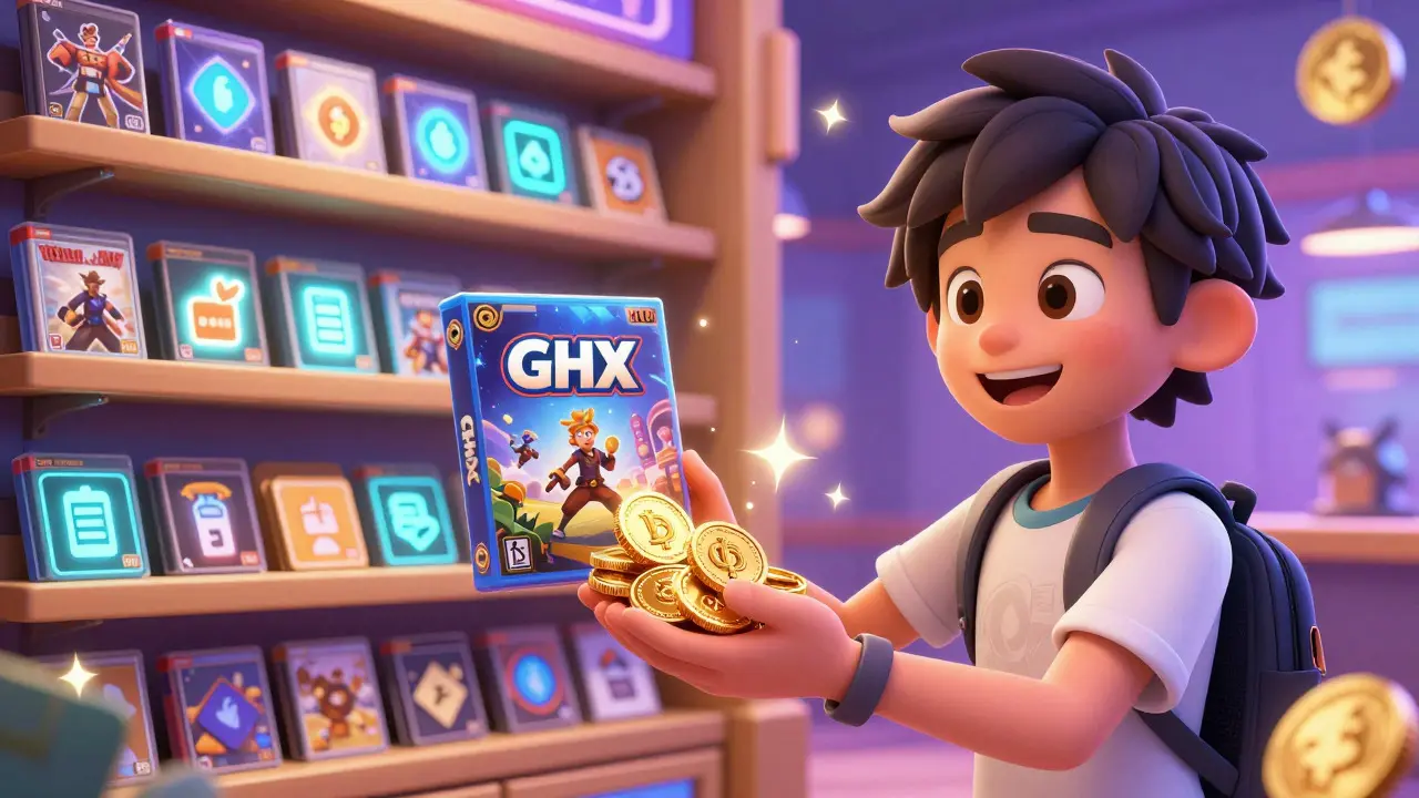 Gamer exchanging crypto tokens for video games in a store