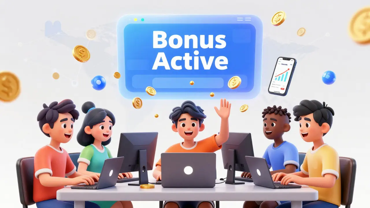Gamers celebrating bonus rewards with digital coins falling