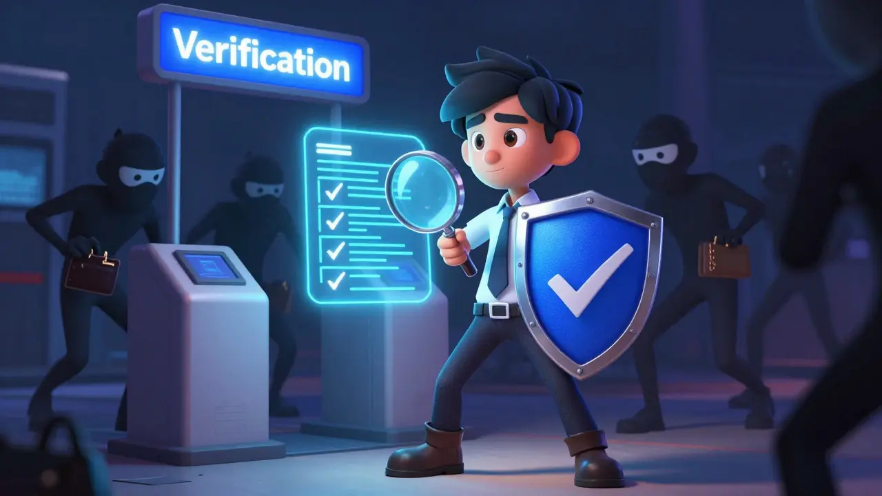 Heroic figure verifying crypto contracts while scammers hide in shadows