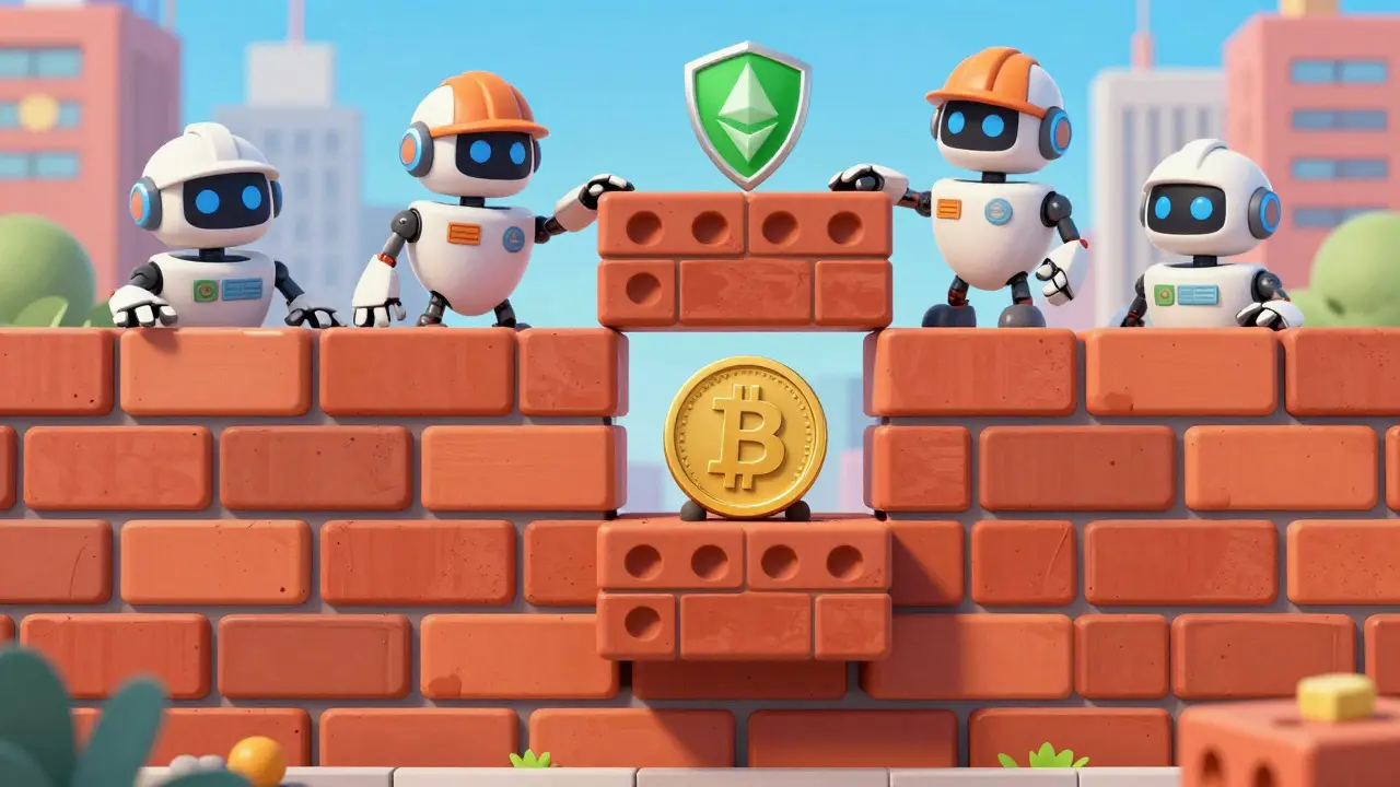 Illustration of blockchain bricks stacking for security