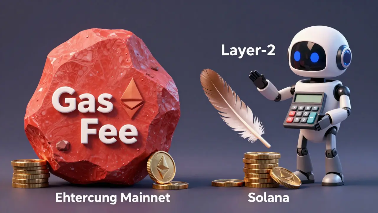 Illustration showing heavy gas fees vs light Layer-2 costs for crypto trades