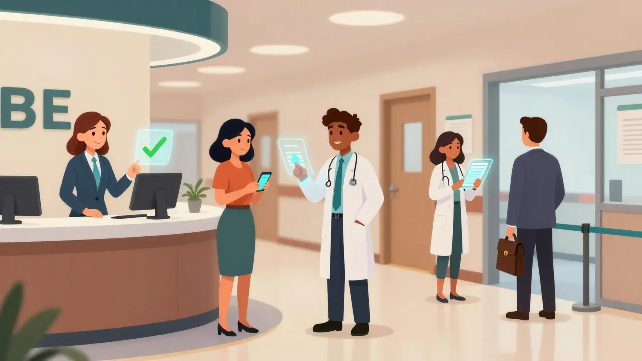 People using digital identity in bank, hospital, and travel
