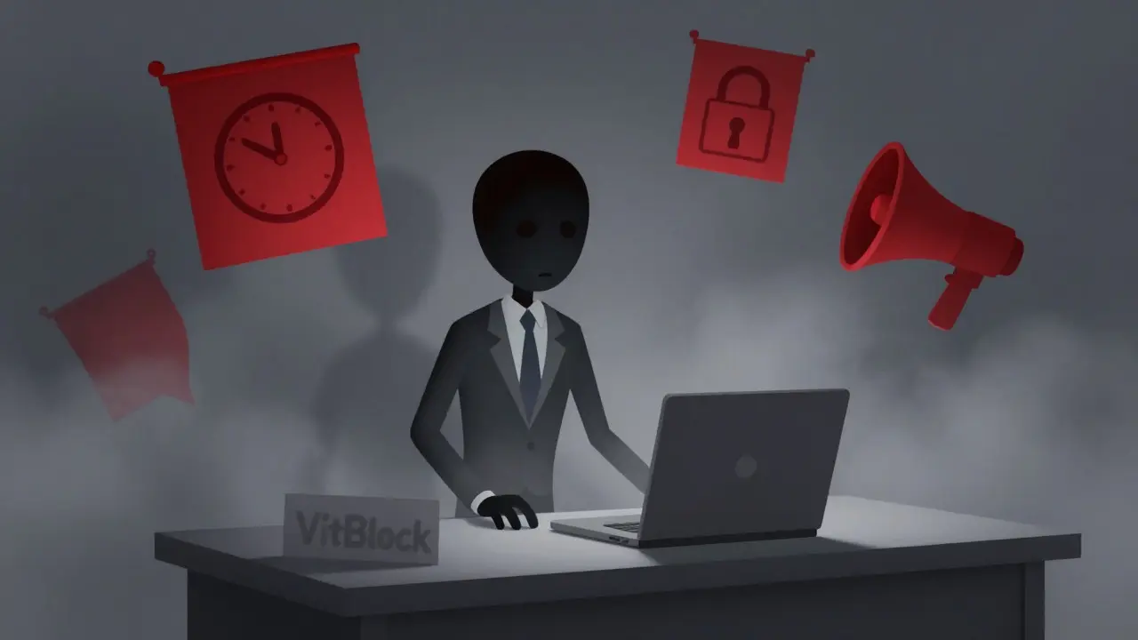 Shadowy figure at a foggy desk with floating red warning flags