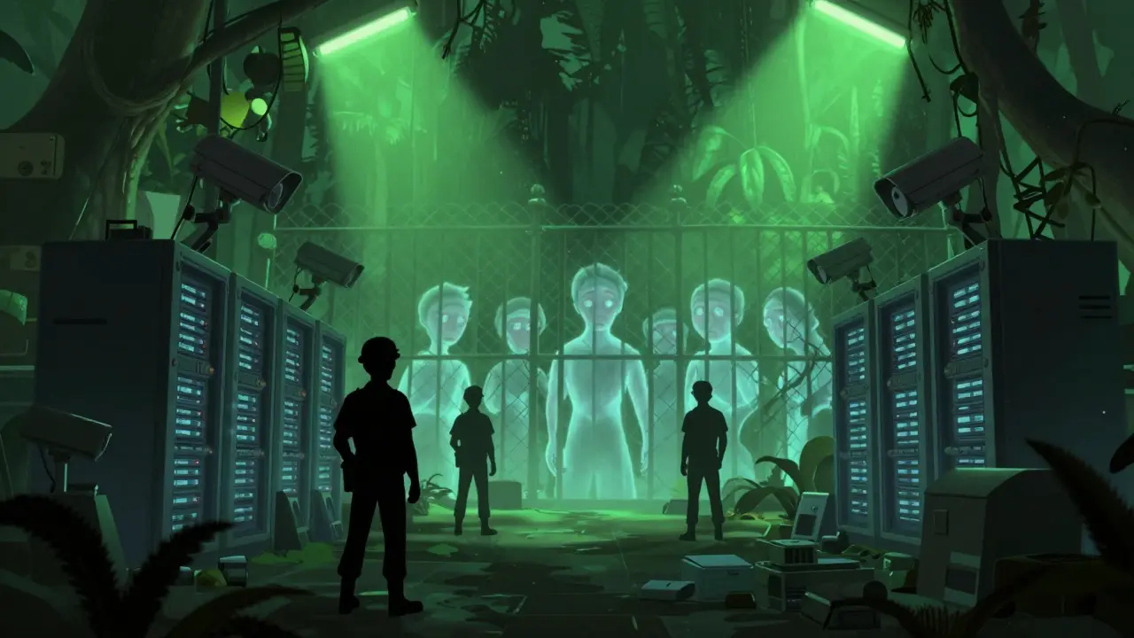 Shadowy jungle compound with guarded servers and trapped workers
