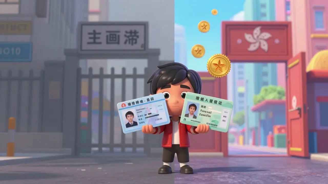 Split scene contrasting restricted Mainland China with regulated Hong Kong markets