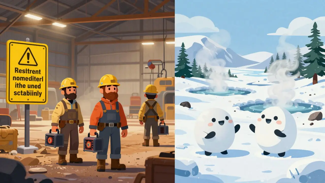 Split view of Kazakh and Icelandic mining scenes in Pixar animation style