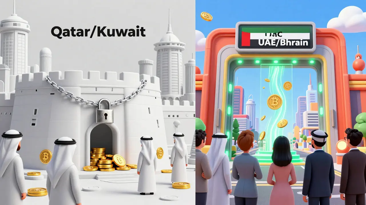 Split view showing strict crypto bans vs licensed hubs in GCC.