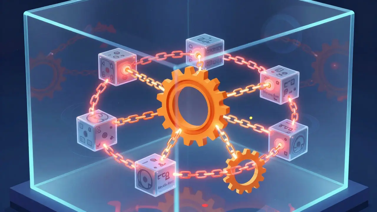 3D puzzle illustration showing cryptographic links and Merkle tree structure inside a glass cube