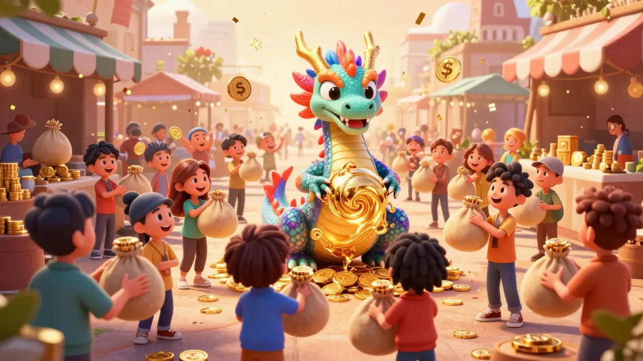 A busy marketplace with a giant golden dragon and many traders, contrasting a lone figure