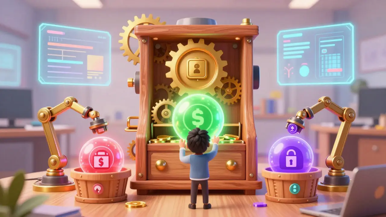 A cartoon character watching digital tokens being sorted into categorized baskets by a mechanical device