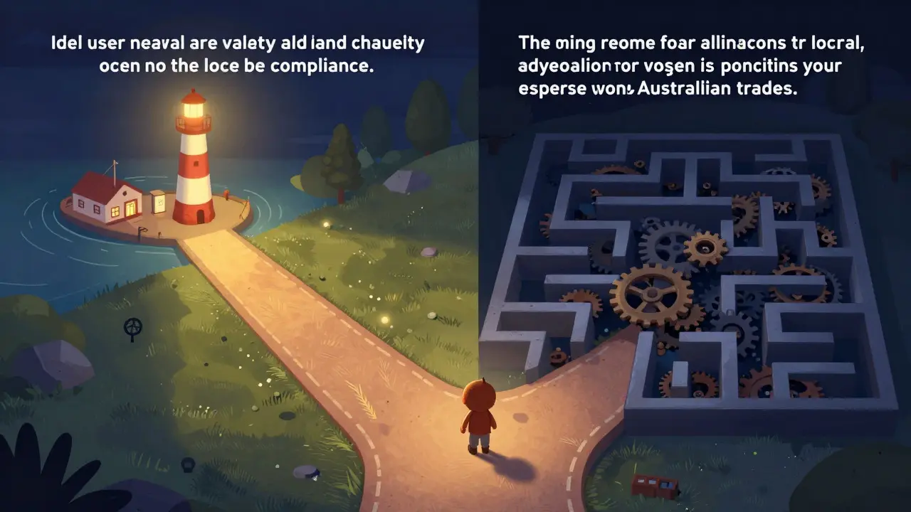 A character choosing between a safe harbor and a complex maze, illustrating user suitability