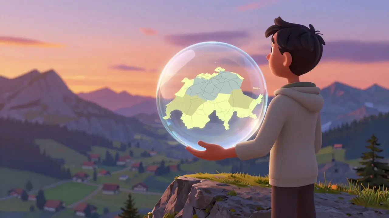 A character on a mountain peak holding a glowing map of Switzerland highlighting specific regions