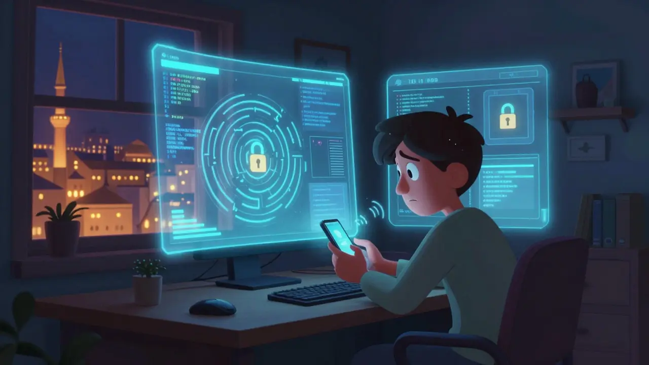 A confused character surrounded by complex holographic interfaces in a room
