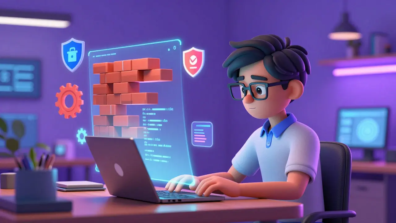 A developer builds a secure blockchain structure with holographic code and shield icons