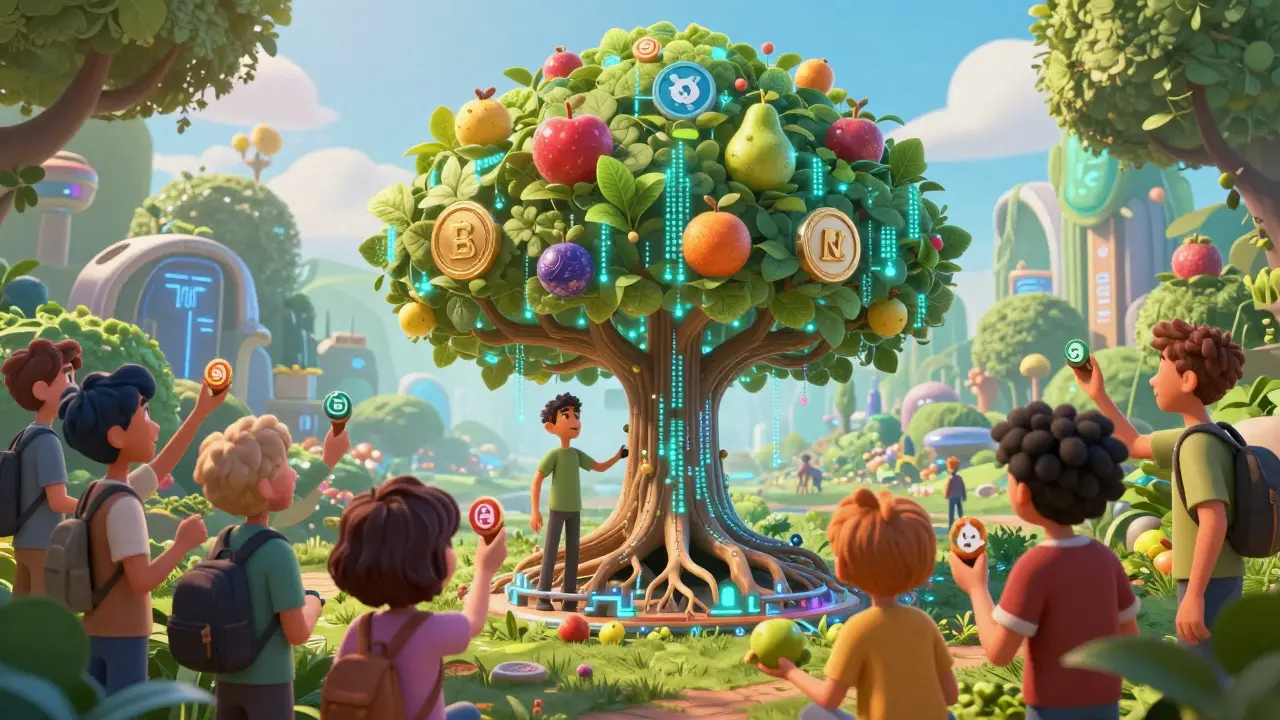 A digital ecosystem tree with tokens and NFTs, showing creator-fan collaboration in Pixar style.