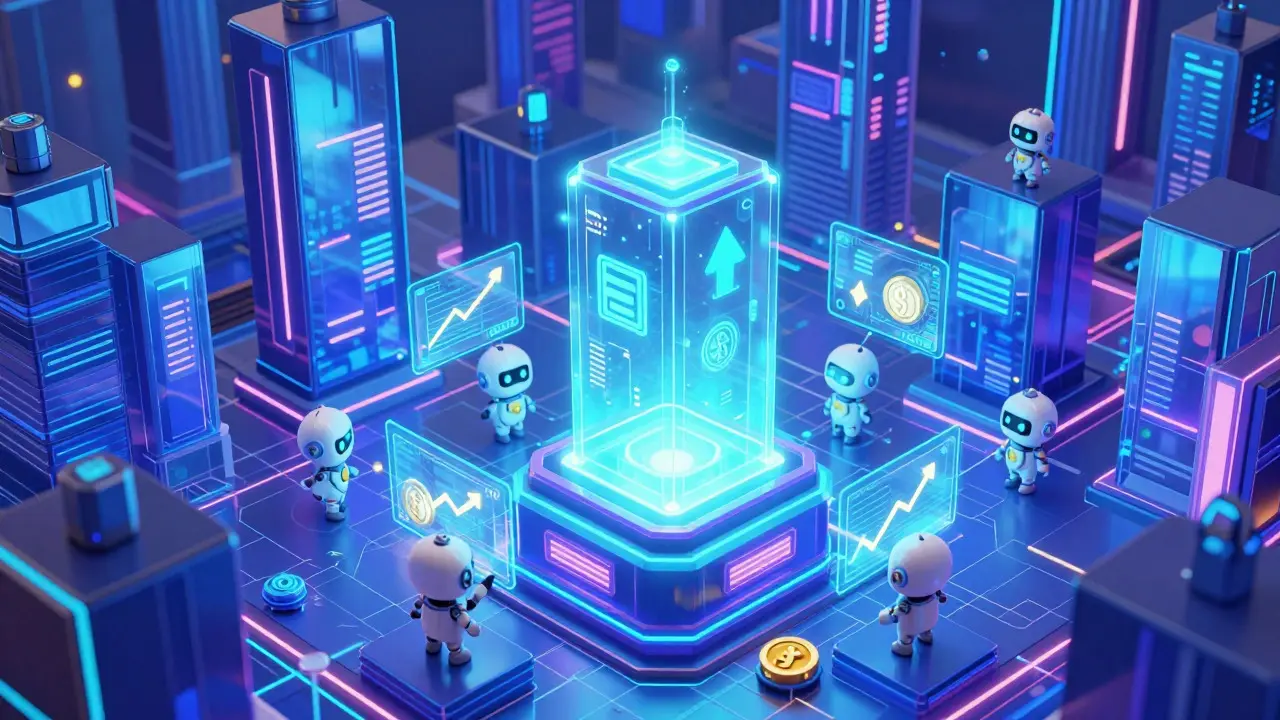 A miniature neon city of glass blocks with robots interacting with holographic trading data