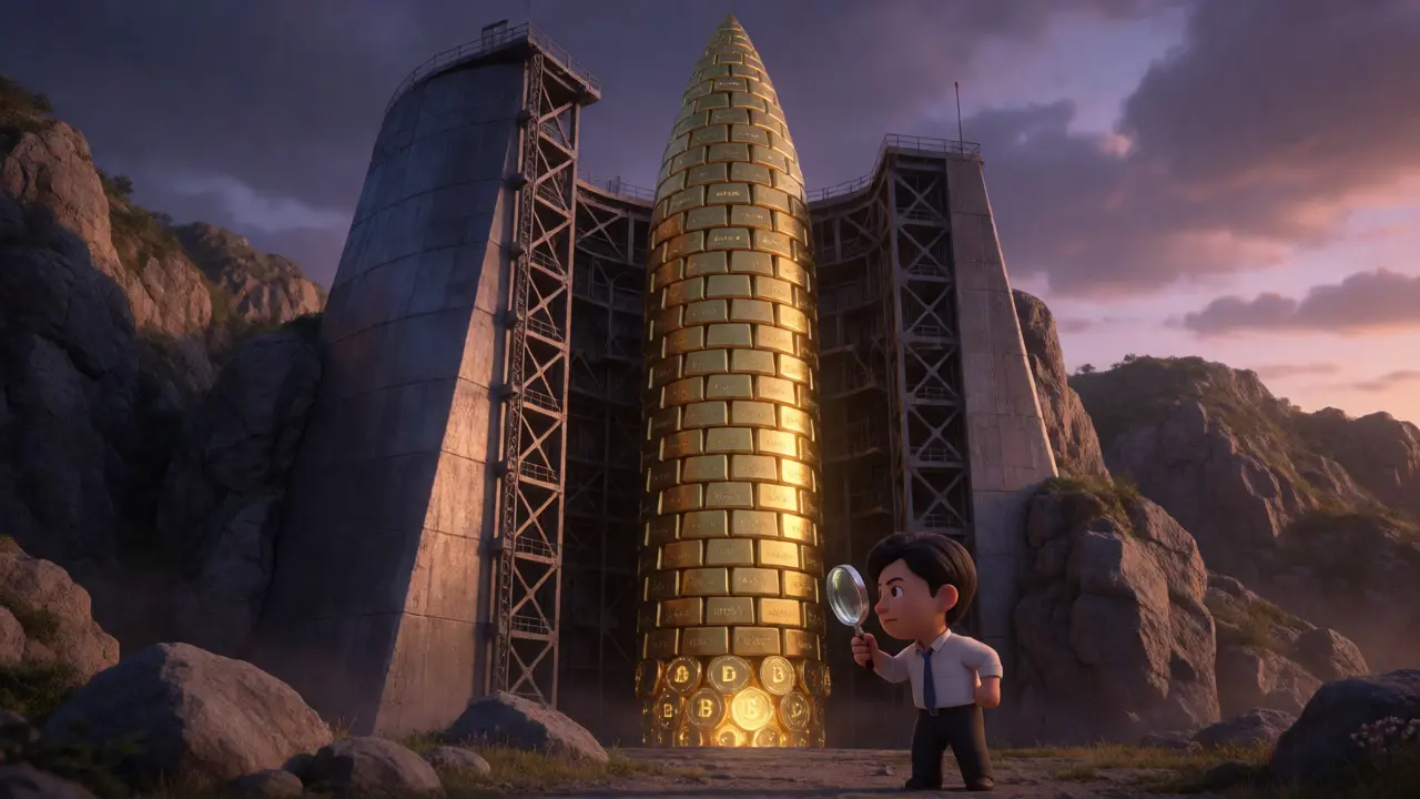A missile made of gold bars and crypto tokens rising from mountains