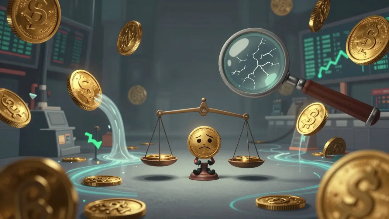 A sad small coin character struggling on a scale amidst larger shiny coins
