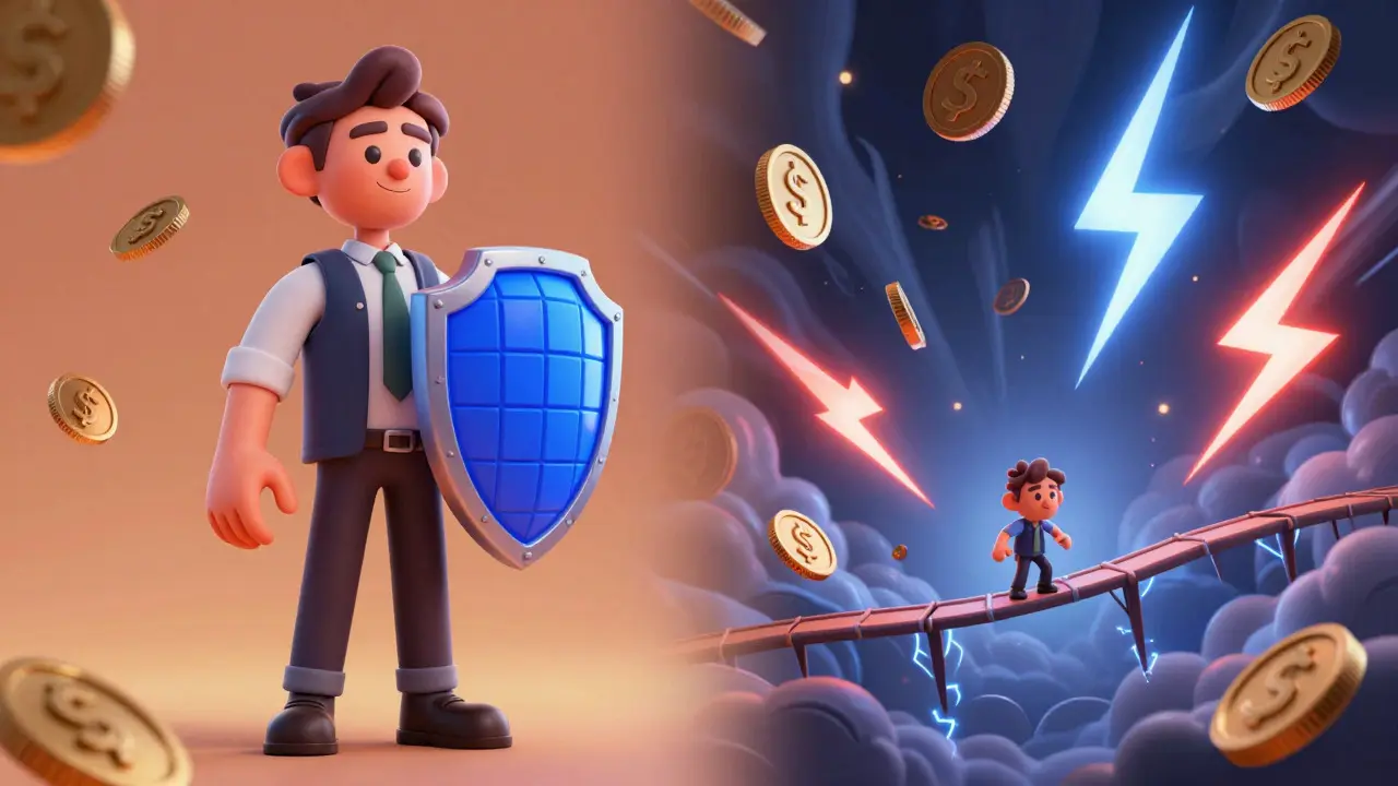 A split scene showing a secure trader with a shield versus a chaotic storm of volatile coins