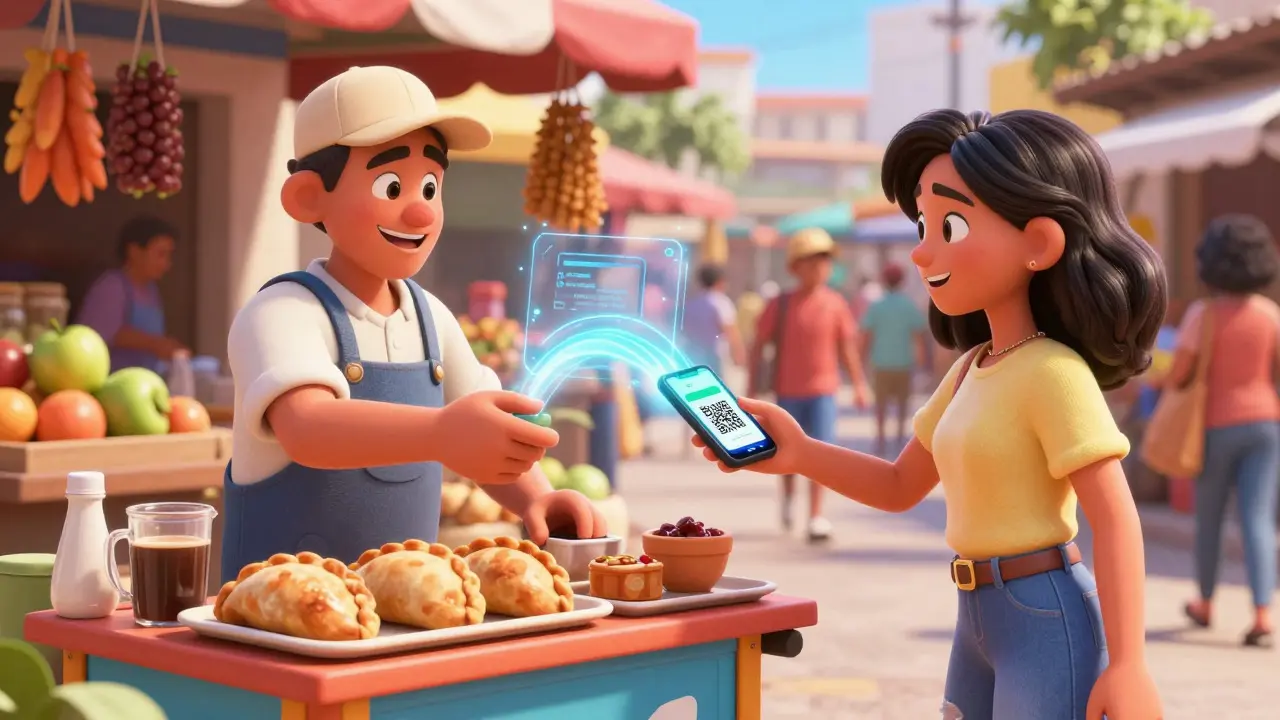 A street vendor accepts a digital payment from a smiling customer in a busy Caracas market.