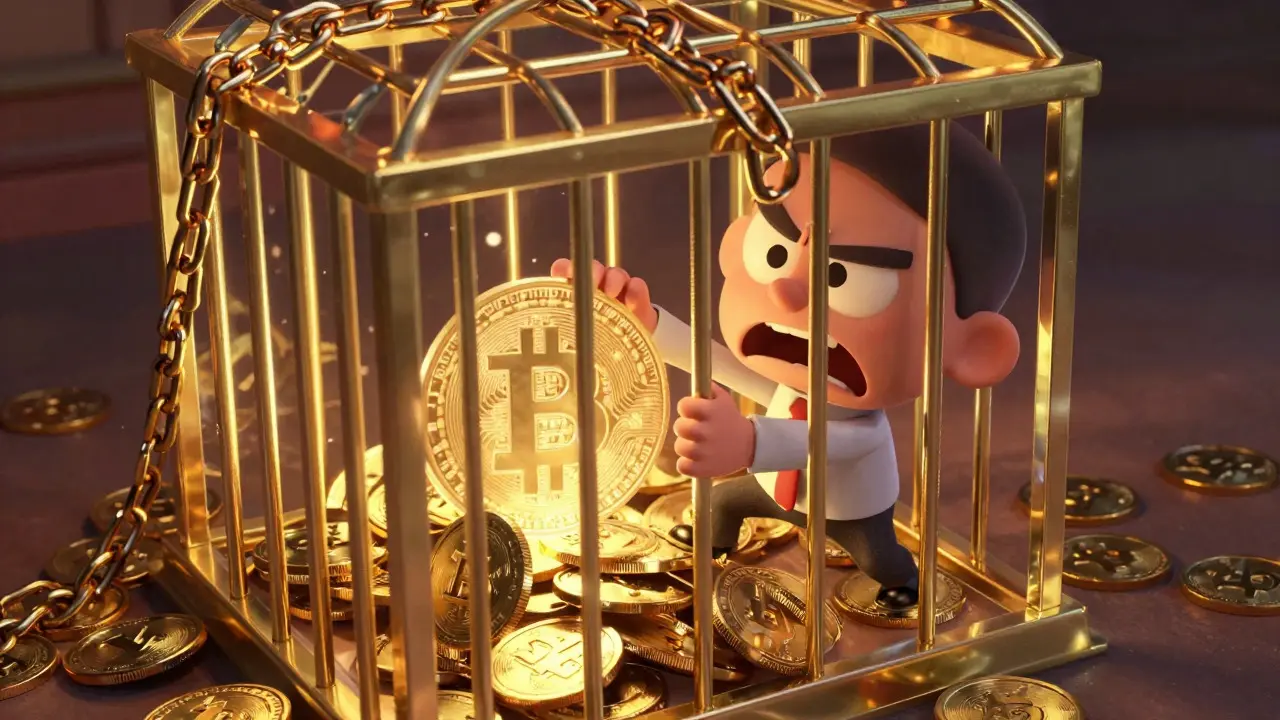 A trader struggles to extract Bitcoin from a restrictive, coin-filled barrier.