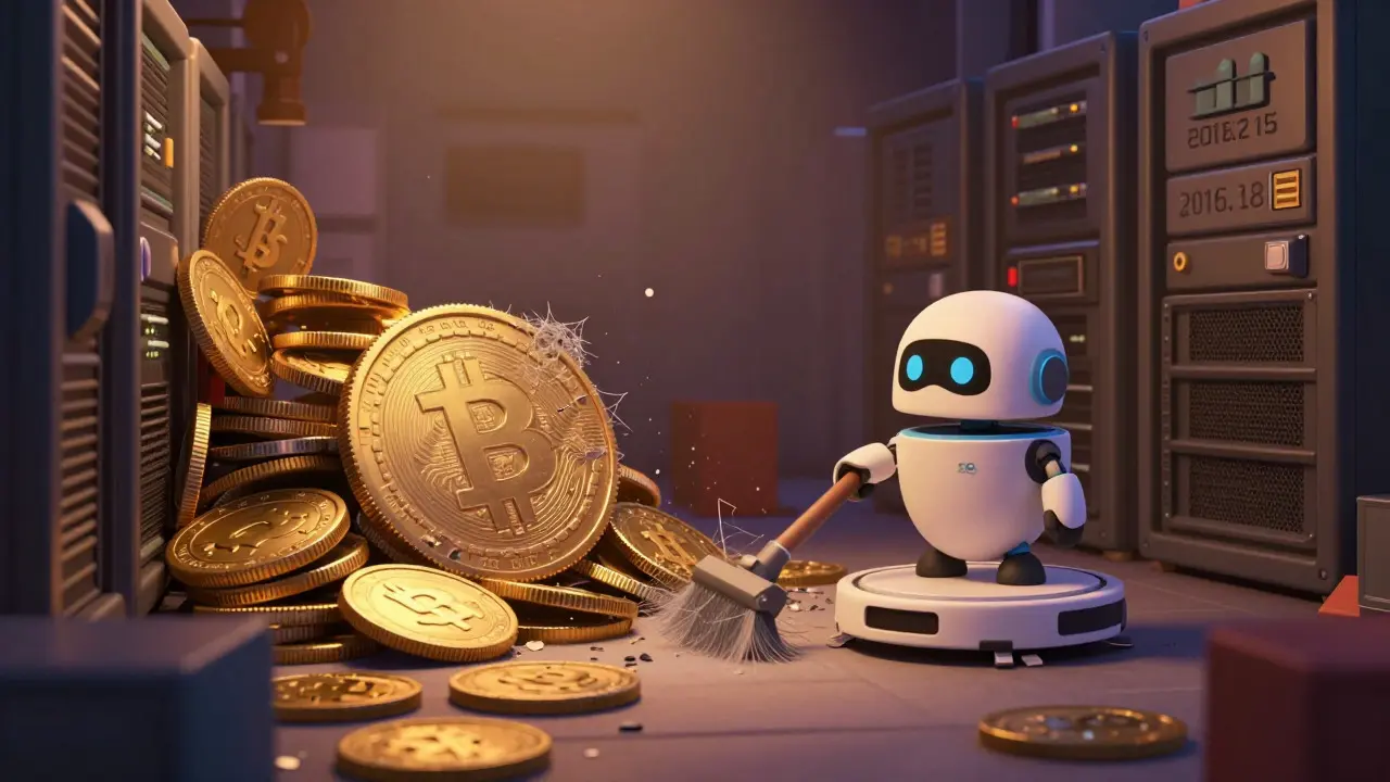 Abandoned crypto coins in a dusty server room being cleaned up