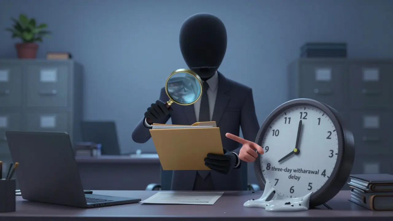 An anonymous figure examines files while a user waits for slow withdrawals.