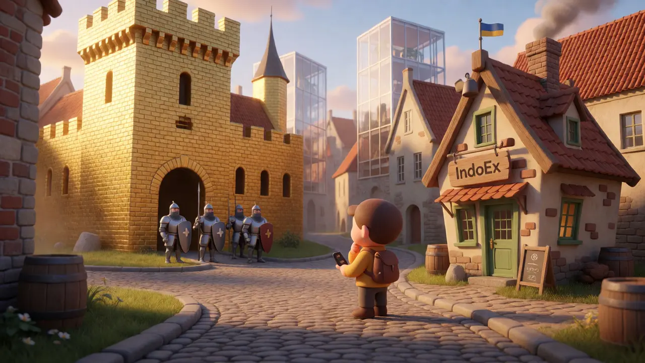 Animated traveler choosing between a secure fortress and a quirky exchange